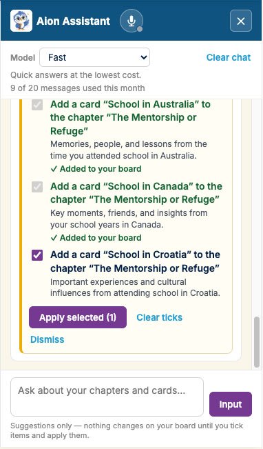 The Aion AI assistant panel suggesting chapter cards to add to a memoir board, each with an Apply Selected button.