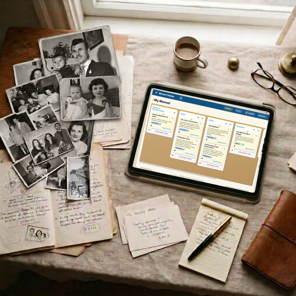 Old family photographs and handwritten notes spread on a desk beside a tablet showing the Memoir Builder app.